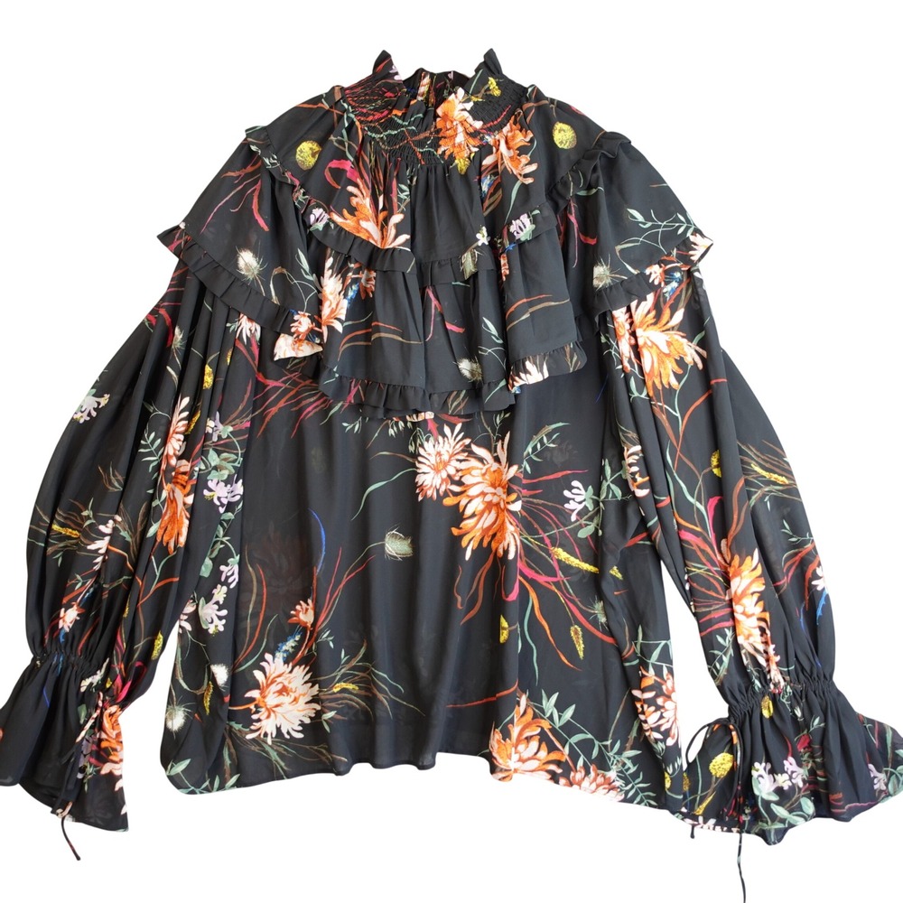 H&M Floral Dark Romantic Ruffle Blouse Womens XXL Black Smocked Whimsigoth Boho
